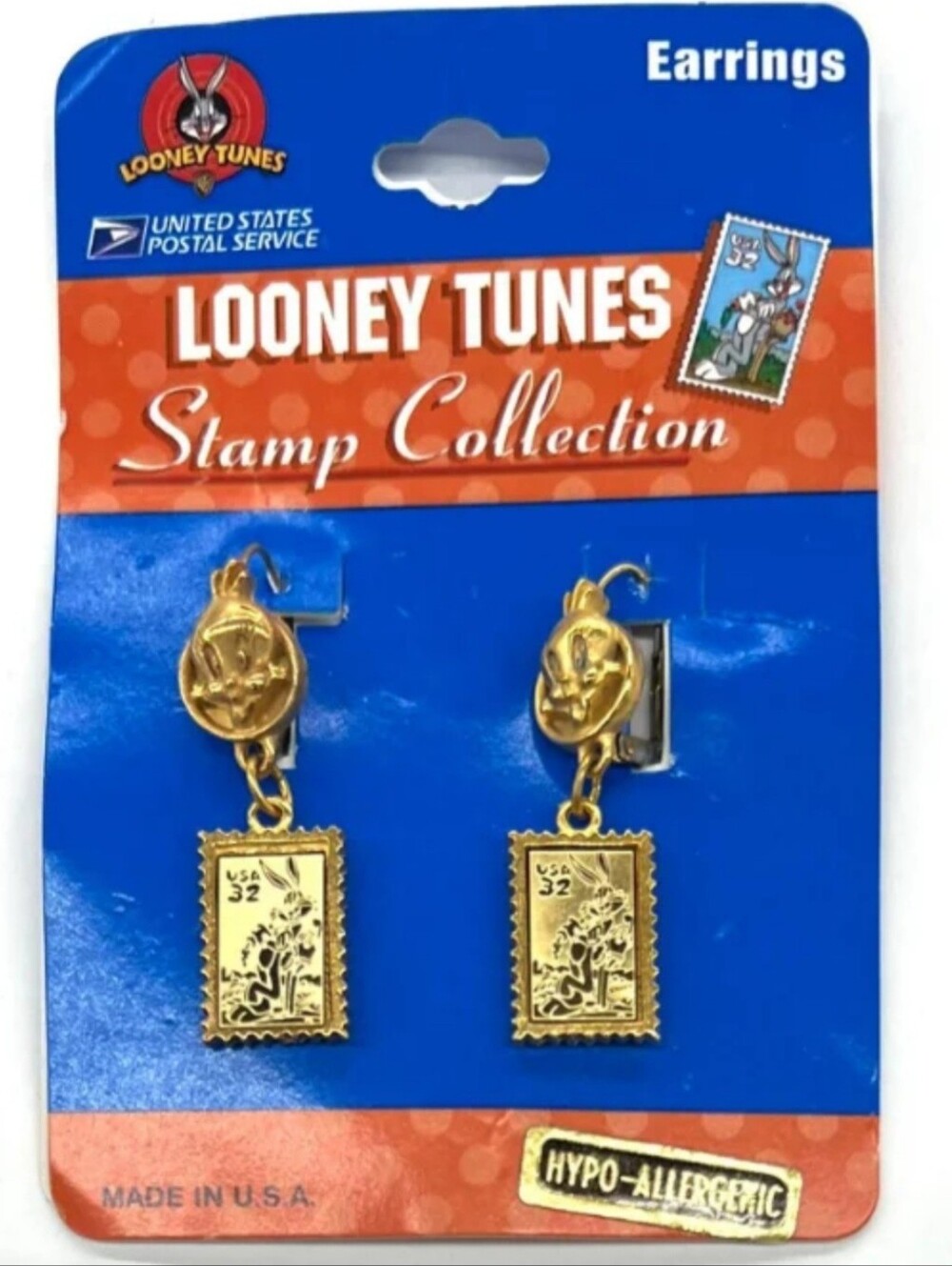 Warner Bros. Gold Tone Looney Tunes Tweety Stamp Dangle Earrings